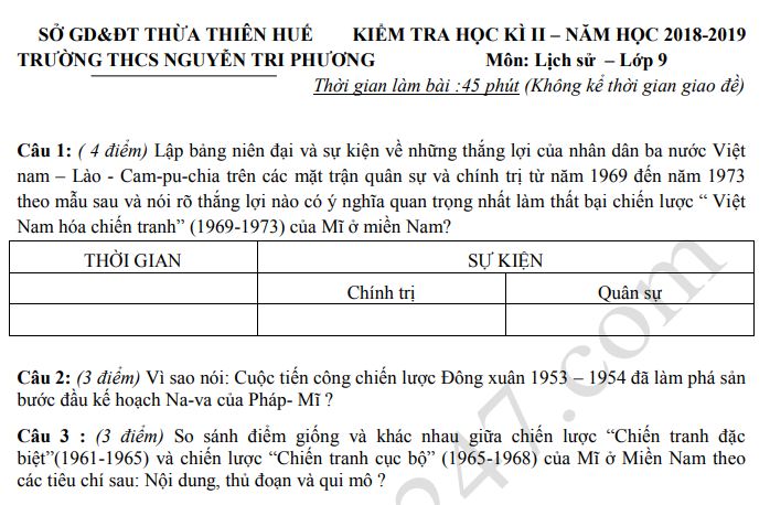 De kiem tra ki 2 lop 9 mon Su THCS Nguyen Tri Phuong 2019