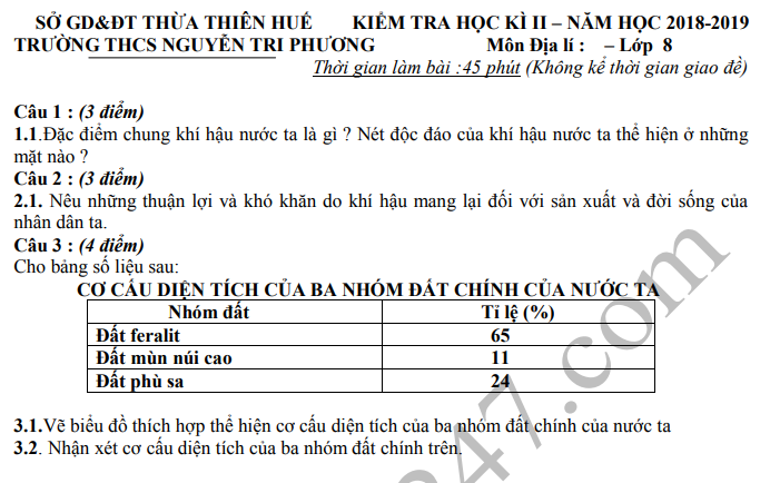 De thi ki 2 lop 9 mon Dia 2019 - THCS Nguyen Tri Phuong