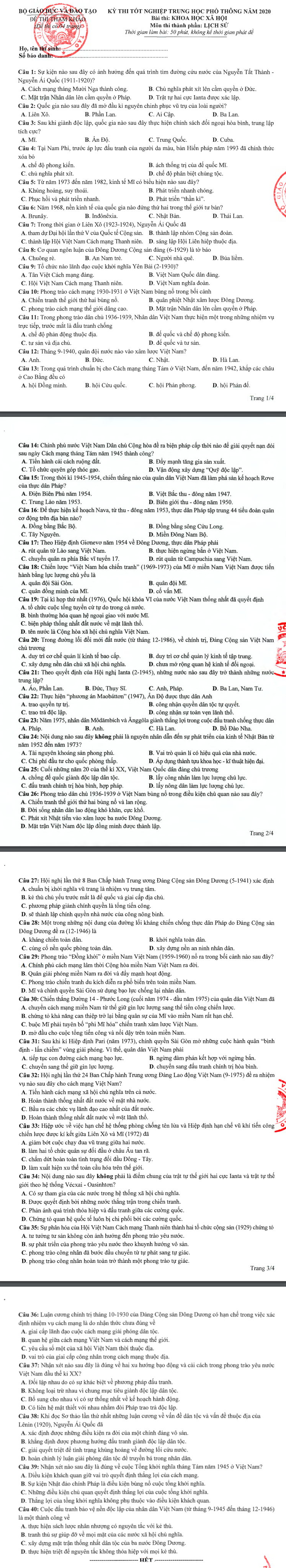 Huong dan giai de minh hoa tot nghiep THPT mon Su 2020