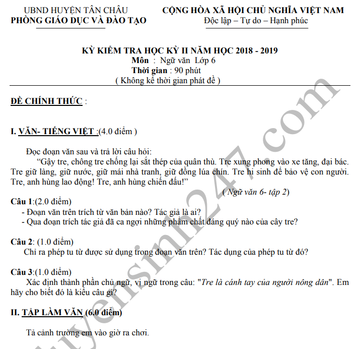 De thi ki 2 lop 6 mon Van 2019 - Phong GD Tan Chau