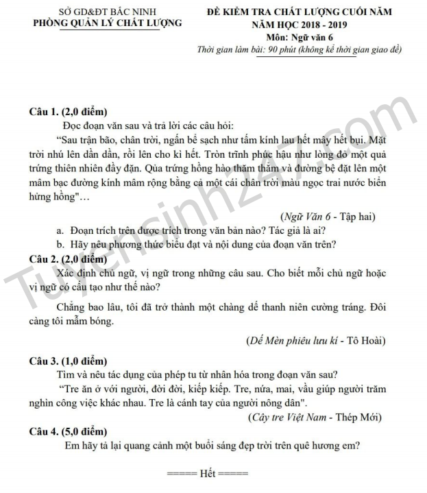 De thi ki 2 lop 6 mon Van - Phong GD Bac Ninh 2019