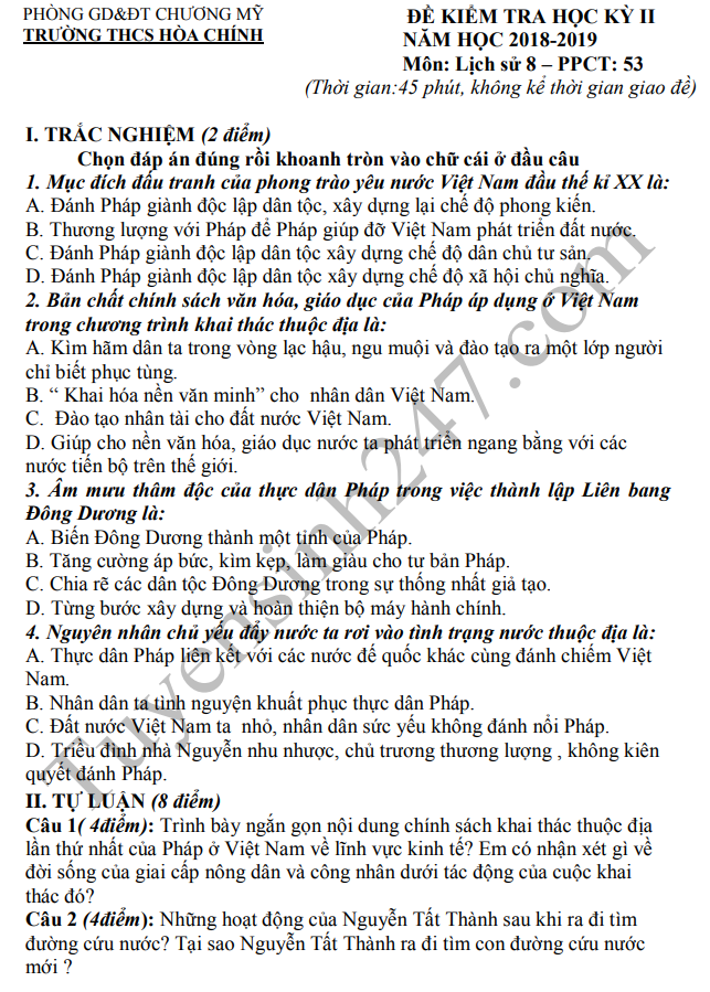 De thi ki 2 lop 8 mon Su - THCS Hoa Chinh 2019