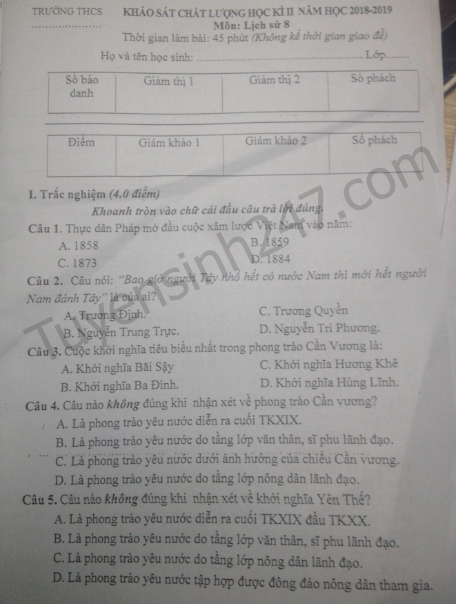 De thi ki 2 mon Su lop 8 - THCS Tinh Gia 2019