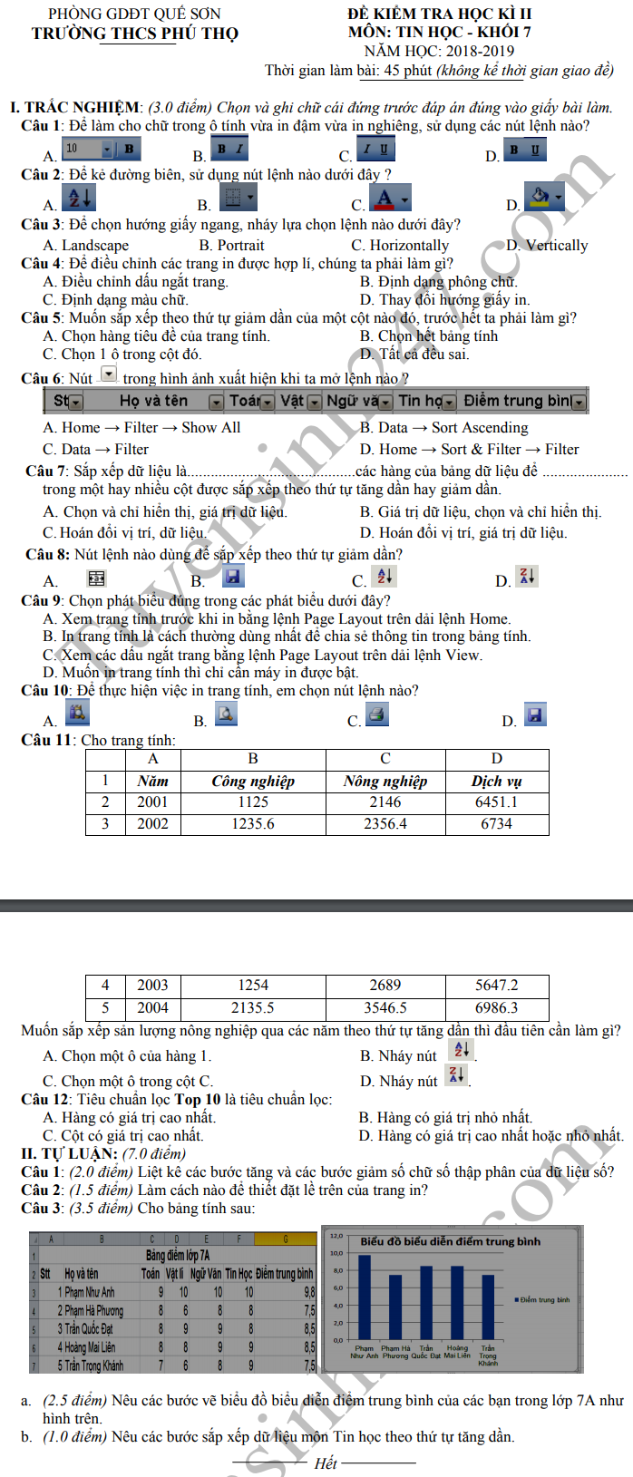 De thi ki 2 lop 7 mon Tin - THCS Phu Tho 2019