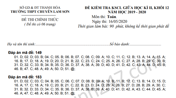 De thi giua ki 2 lop 12 mon Toan 2020 - THPT Chuyen Lam Son