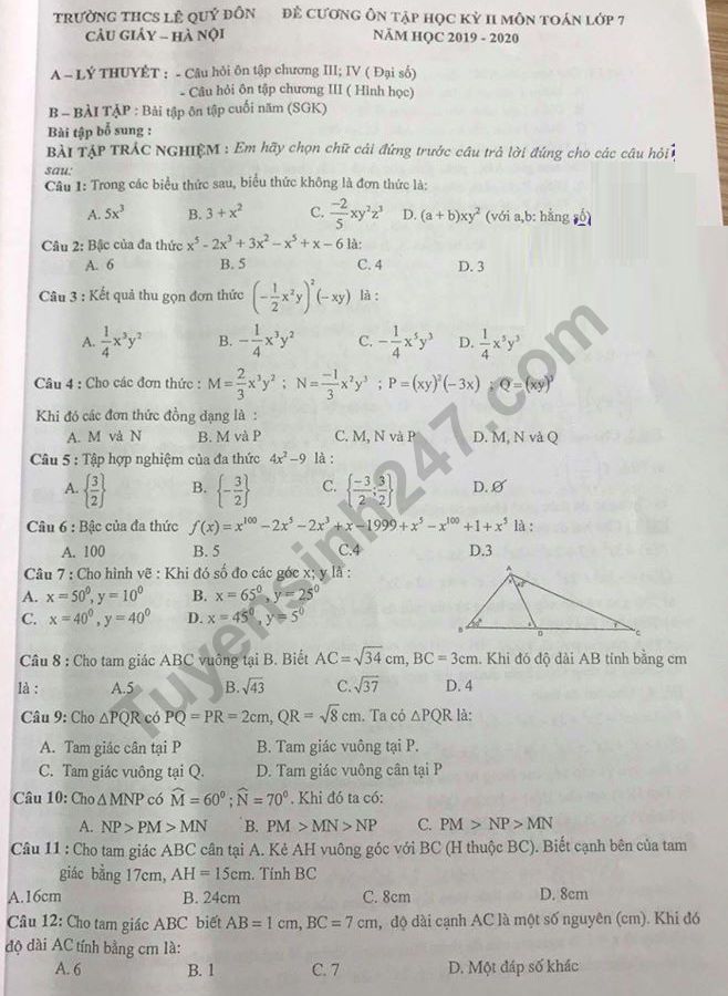 De cuong on tap ki 2 lop 7 mon Toan 2020 - THCS Le Quy Don