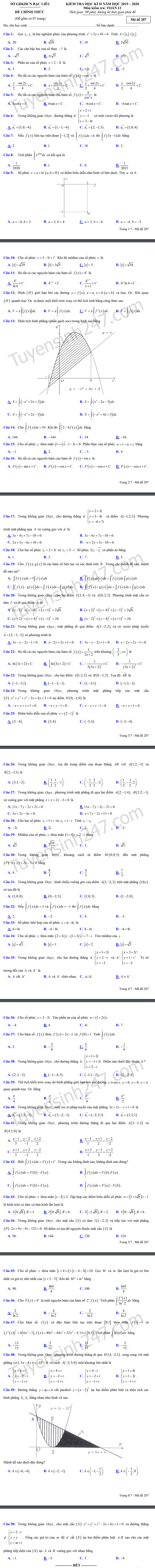 De thi ki 2 lop 12 mon Toan - So GD Bac Lieu 2020