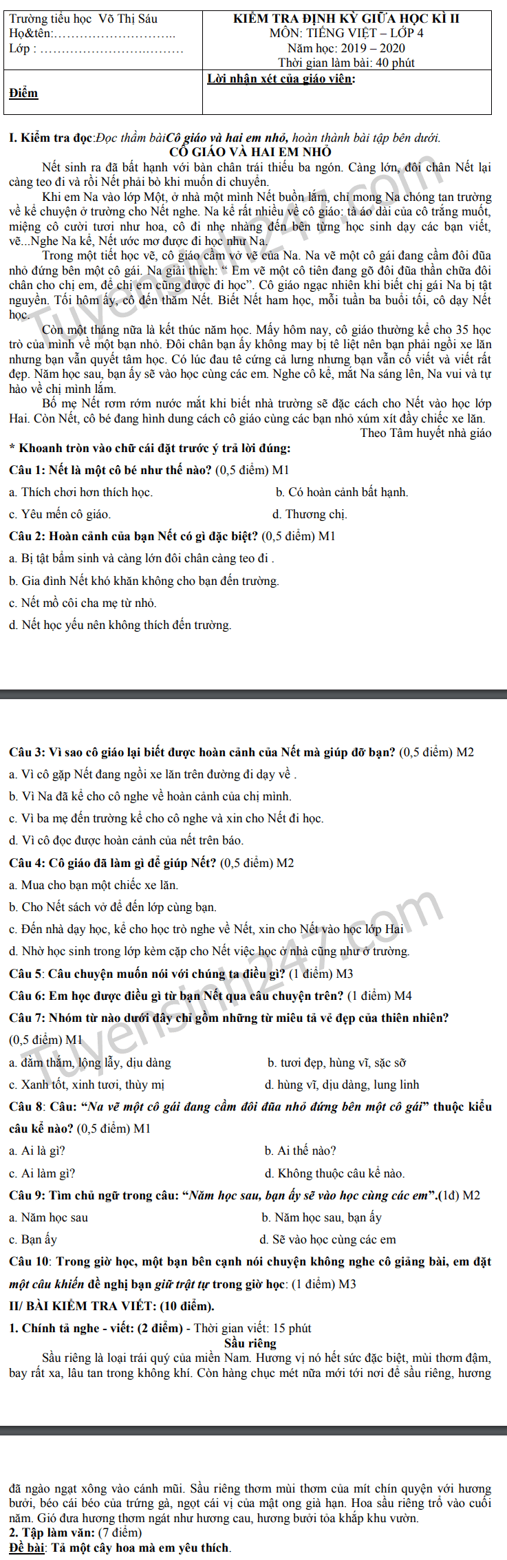 De thi giua ki 2 lop 4 mon Tieng Viet 2020 - TH Vo Thi Sau