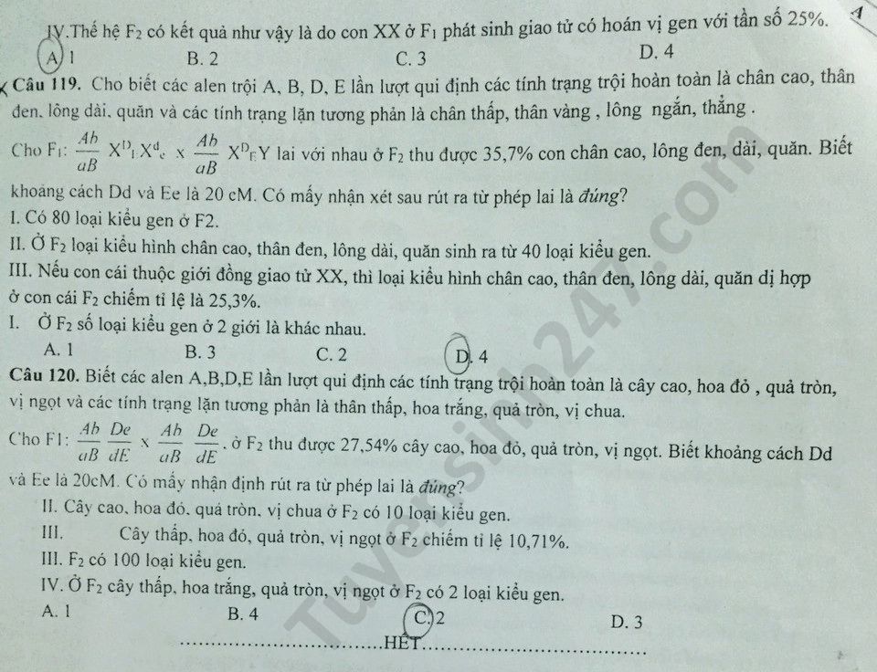 De thi thu THPTQG 2020 lan 2 mon Sinh THPT Nguyen Trai