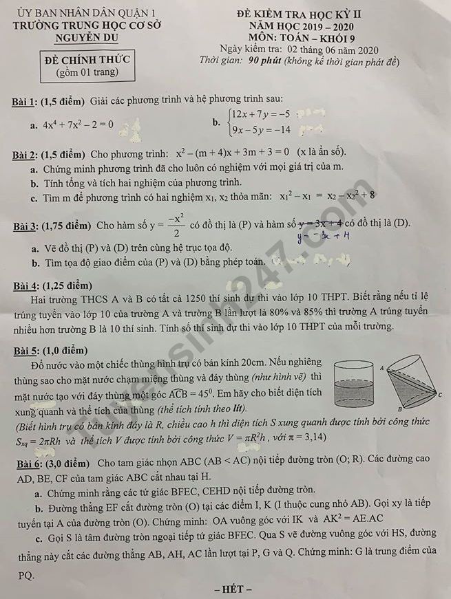 De thi hoc ki 2 mon Toan lop 9 THCS Nguyen Du nam 2020