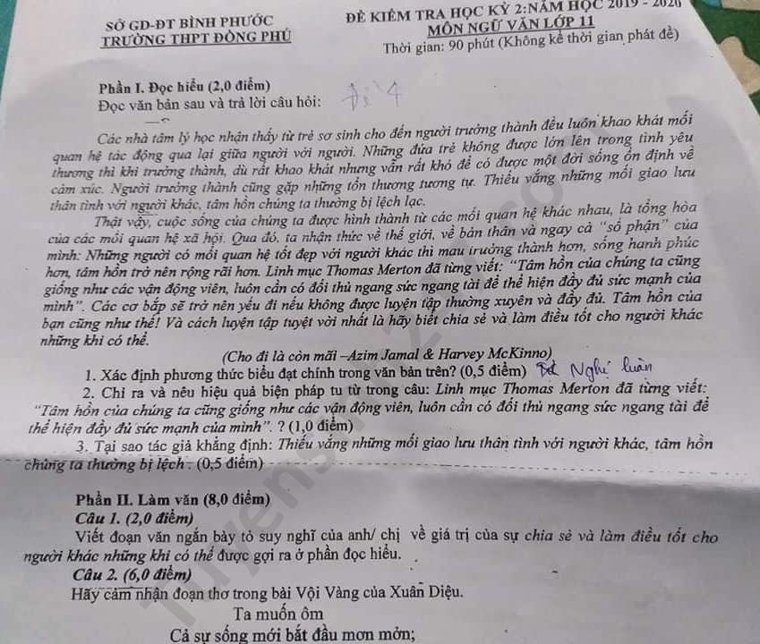 De thi hoc ki 2 mon Van lop 11 THPT Dong Phu nam 2020