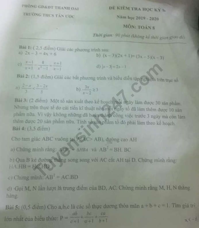 De thi ki 2 lop 8 mon Toan 2020 - THCS Tan Uoc