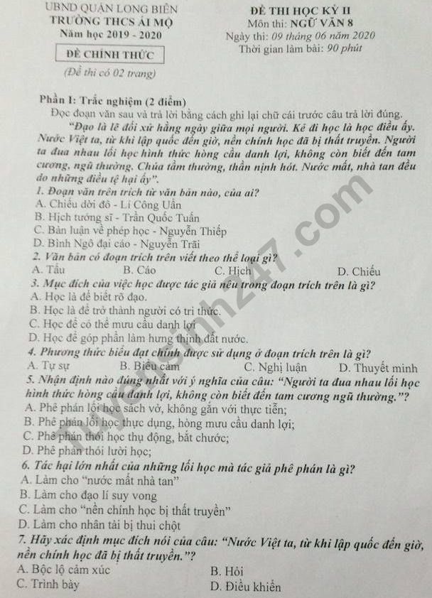 De thi ki 2 lop 8 mon Van 2020 - THCS Ai Mo
