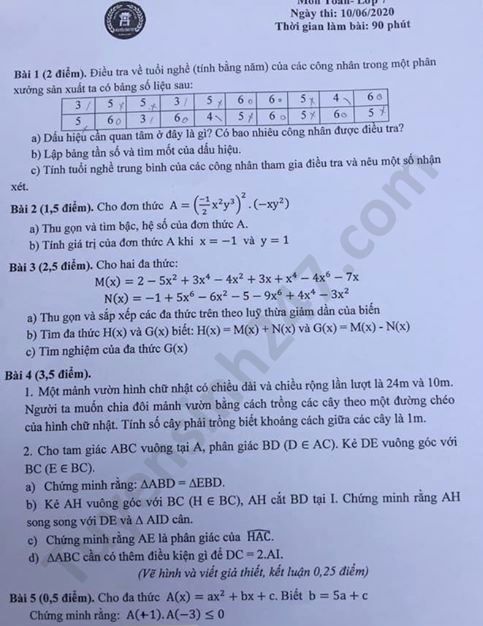 De thi hoc ki 2 nam 2020 Toan lop 7 THCS Nguyen Cong Tru