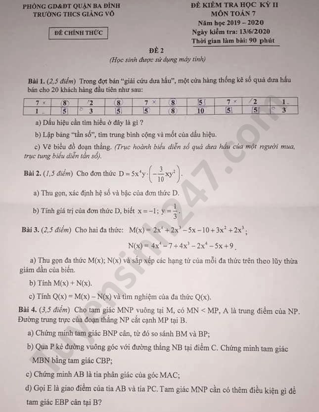 De thi hoc ki 2 mon Toan lop 7 nam 2020 THCS Giang Vo