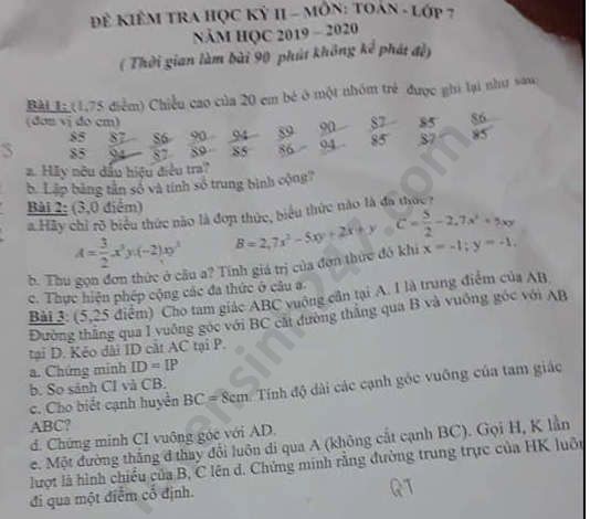 De thi hoc ki 2 mon Toan lop 7 THCS Ha Huy Tap nam 2020