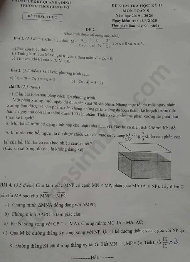 De thi hoc ki 2 mon Toan lop 8 THCS Giang Vo nam 2020