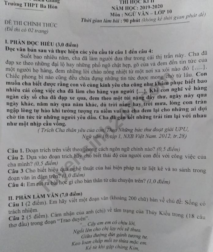 De thi ki 2 lop 10 mon Van 2020 - THPT Ba Hon