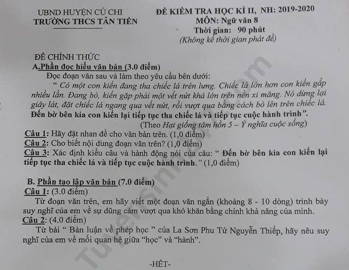 De thi hoc ki 2 mon Van lop 8 THCS Tan Tien nam 2020
