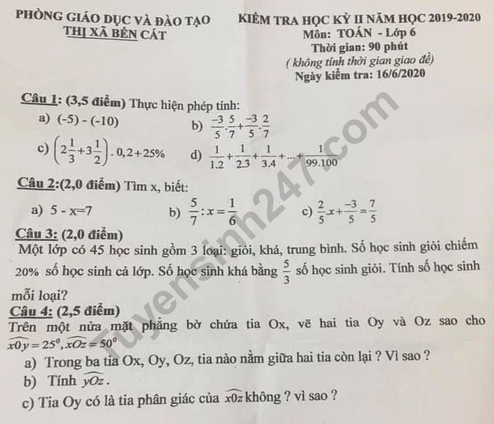 De thi ki 2 mon Toan lop 6 - Phong GD Ben Cat 2020