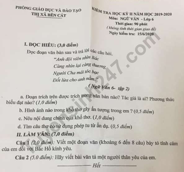 De thi ki 2 lop 6 mon Van - thi xa Ben Cat 2020
