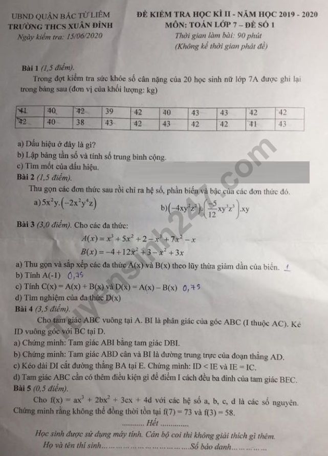 De thi ki 2 lop 7 mon Toan - THCS Xuan Dinh 2020