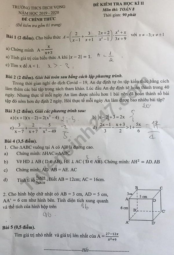 De thi ki 2 lop 8 nam 2020 mon Toan - THCS Dich Vong