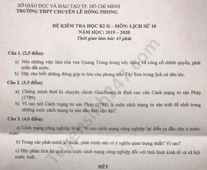 De thi hoc ki 2 mon Su lop 10 nam 2020 THPT chuyen Le Hong Phong