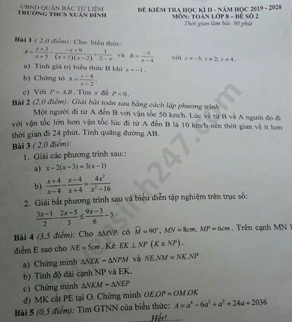 De thi hoc ki 2 THCS Xuan Dinh mon Toan lop 8 nam 2020