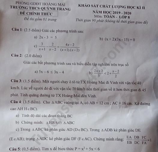 De thi hoc ki 2 mon Toan lop 8 THCS Quynh Trang nam 2020
