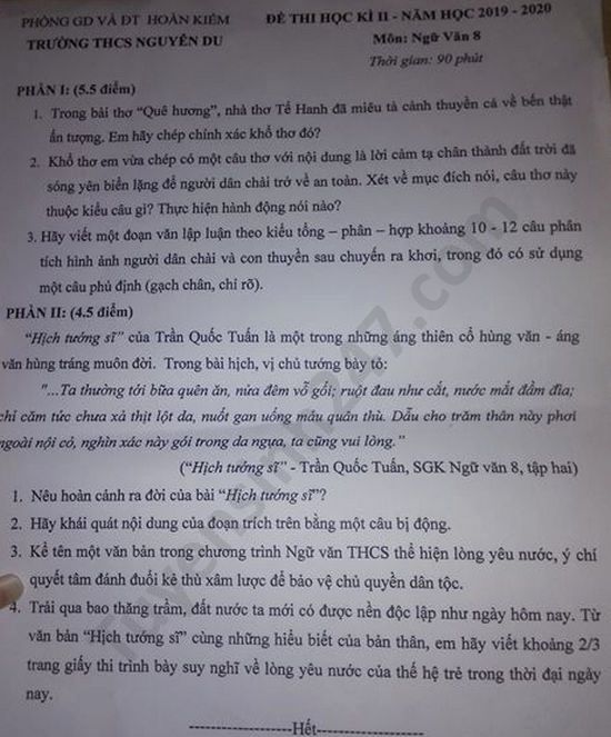 De thi hoc ki 2 nam 2020 mon Van lop 8 THCS Nguyen Du