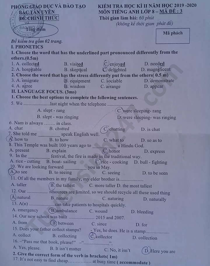 De thi hoc ki 2 mon Anh lop 8 Phong GD Bac Tan Uyen nam 2020