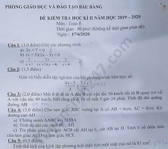 De thi hoc ki 2 nam 2020 mon Toan lop 8 Phong GD Bau Bang
