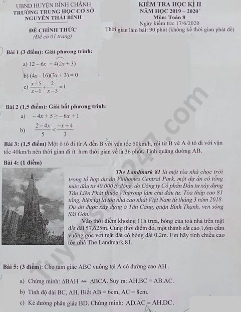 De thi hoc ki 2 mon Toan lop 8 THCS Nguyen Thai Binh nam 2020
