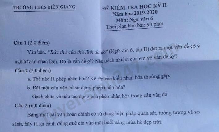 De thi hoc ki 2 mon Van lop 6 THCS Bien Giang nam 2020