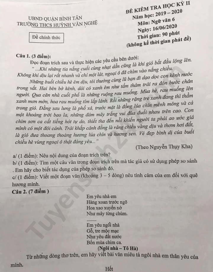 De thi hoc ki 2 lop 6 mon Van THCS Huynh Van Nghe