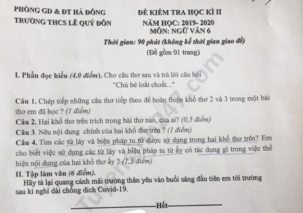 De thi hoc ki 2 nam 2020 mon Van lop 6 THCS Le Quy Don