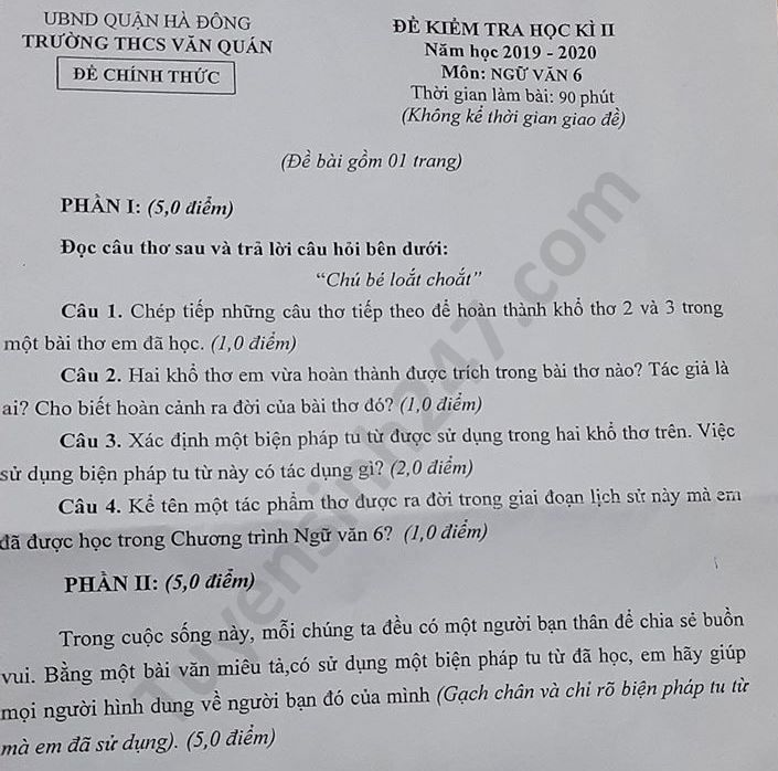 De thi hoc ki 2 mon Van lop 6 THCS Van Quan nam 2020