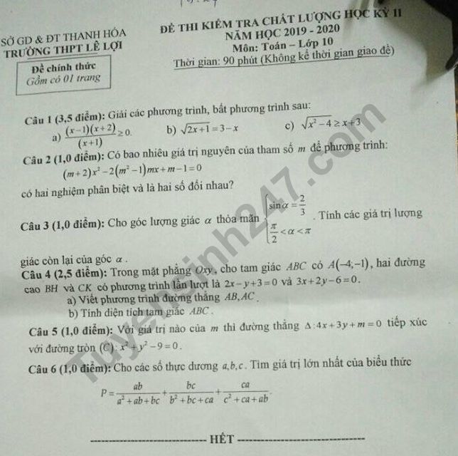 De thi ki 2 lop 10 mon Toan THPT Le Loi 2020