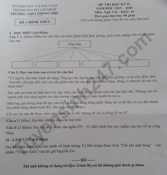 De thi hoc ki 2 mon Van lop 10 - THPT Phong Phu 2020