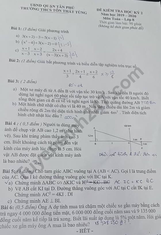 De thi ki 2 mon Toan lop 8 - THCS Ton That Tung 2020