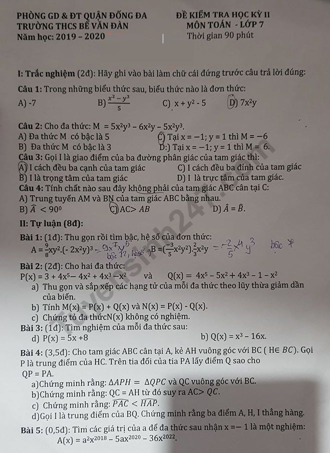 De thi ki 2 mon Toan lop 7 - THCS Be Van Dan 2020