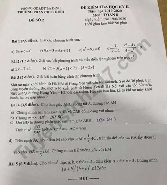 De thi ki 2 lop 8 mon Toan 2020 - THCS Phan Chu Trinh