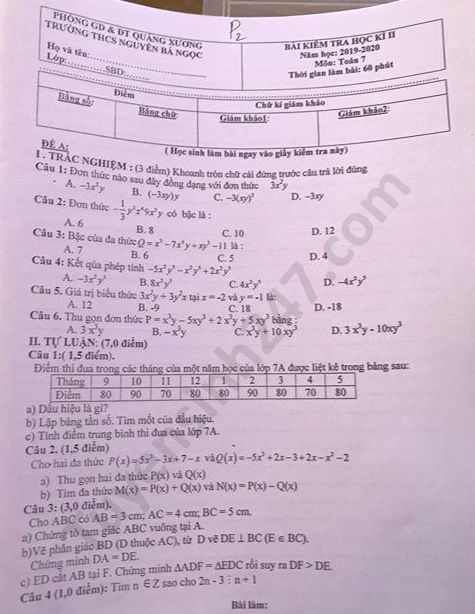 De thi hoc ki 2 THCS Nguyen Ba Ngoc nam 2020 mon Toan lop 7