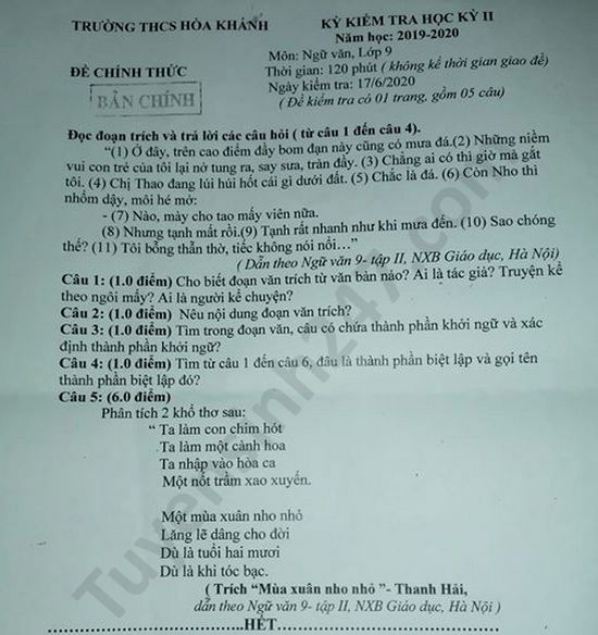 De thi hoc ki 2 lop 9 THCS Hoa Khanh nam 2020 mon Van