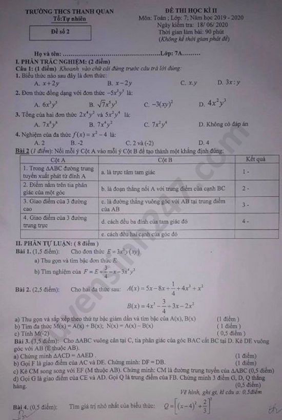 De thi hoc ki 2 nam 2020 mon Toan lop 7 THCS Thanh Quan