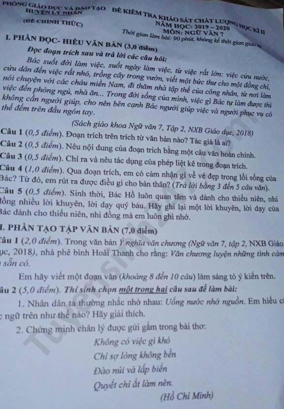 De thi hoc ki 2 mon Van lop 7 Huyen Ly Nhan nam 2020