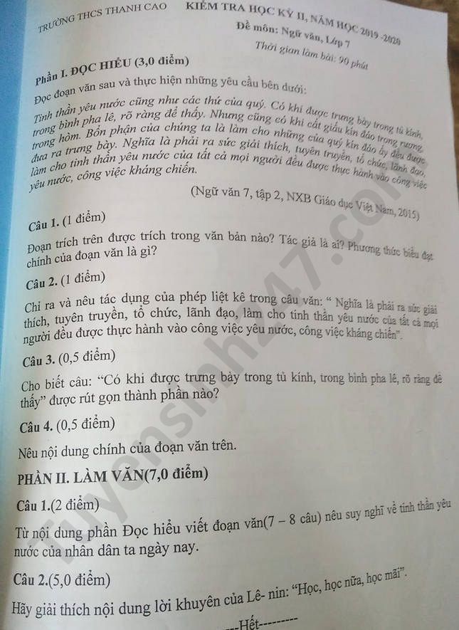 De thi hoc ki 2 mon Van lop 7 THCS Thanh Cao nam 2020