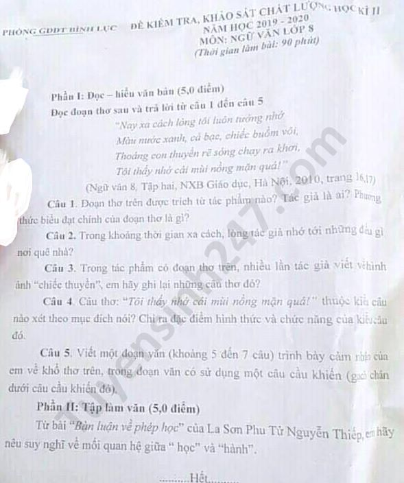 De thi hoc ki 2 mon Van lop 8 Phong GD Binh Luc nam 2020