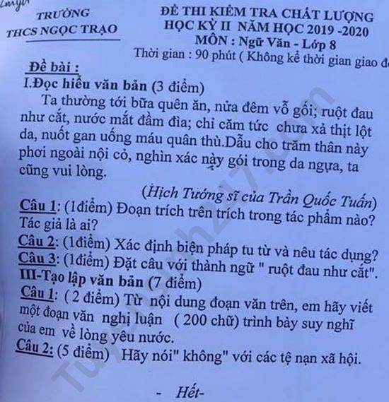 De thi hoc ki 2 mon Van lop 8 THCS Ngoc Trao nam 2020